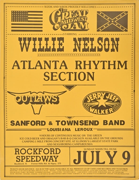Willie Nelson Great Midwest Jam Concert Poster: From the Rockford Speedway in Rockford, IL, July 9, 1978. Also starring Atlanta Rhythm Section, Outlaws, Jerry Jeff Walker, Sanford & Townsend Band, Louisiana Leroux. Poster measures 17 1/2" x 22 1/2"