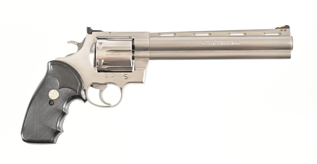 Colt Anaconda .44 Magnum Revolver: 8" barrel, stainless steel finish, with a Colt factory case. Modern.