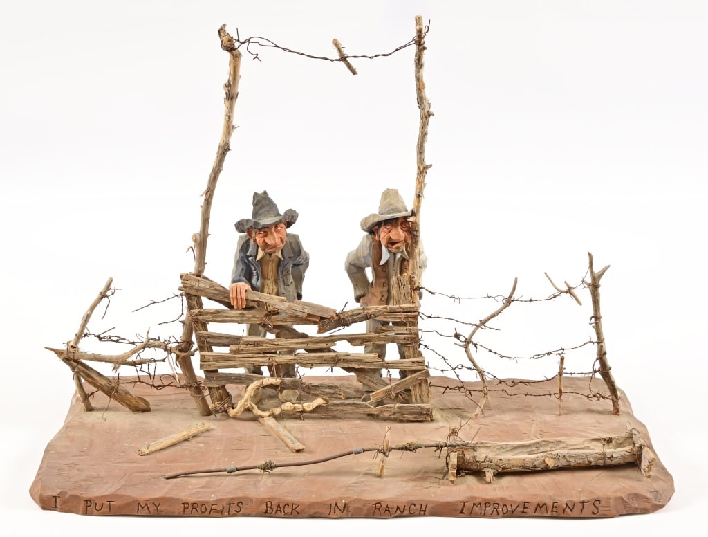 Gene Zesch Ranch Cowboy Wood Carving: Original Gene Zesch Titled "I put my profits back in ranch improvements" Wood Sculpture. 20 1/4 x 8 x 15. From the estate collection of former Mobil Oil President L.H. True. Gene Zesch is famous for
