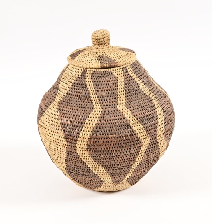 Hand Woven Indian Basket With Lid: 9 x 9 x 10. From the estate collection of former Mobil Oil President L.H. True
