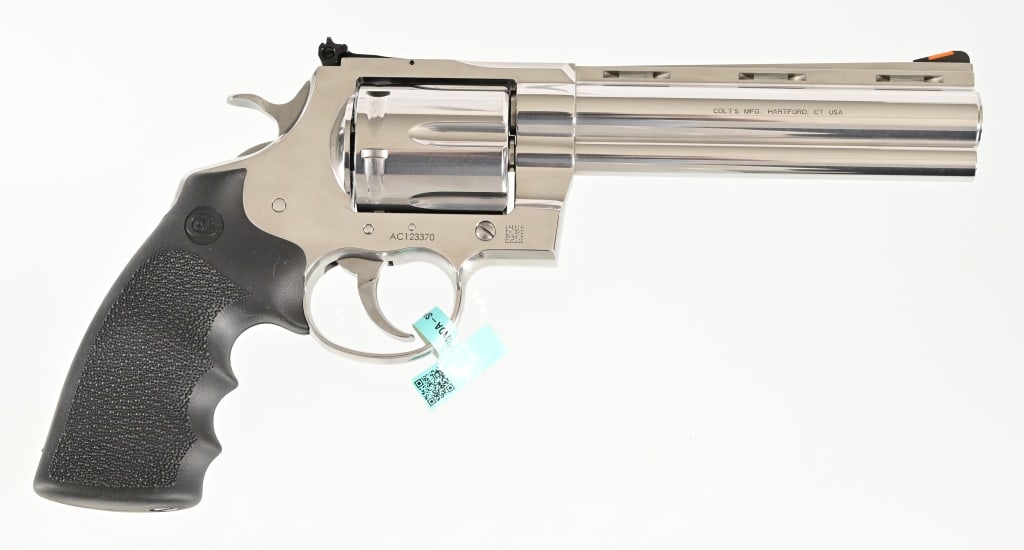 Colt Anaconda .45 LC Revolver: 6" barrel, stainless steel finish, rubber grips, target sights, in original Colt factory case. New Model. Modern.