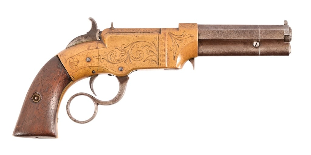 Engraved Volcanic Pocket Pistol .31 Cal.: Very nice Volcanic pistol. Factory engraved brass frame, 3" barrel, bore is nice with strong rifling. Action functions. Antique.