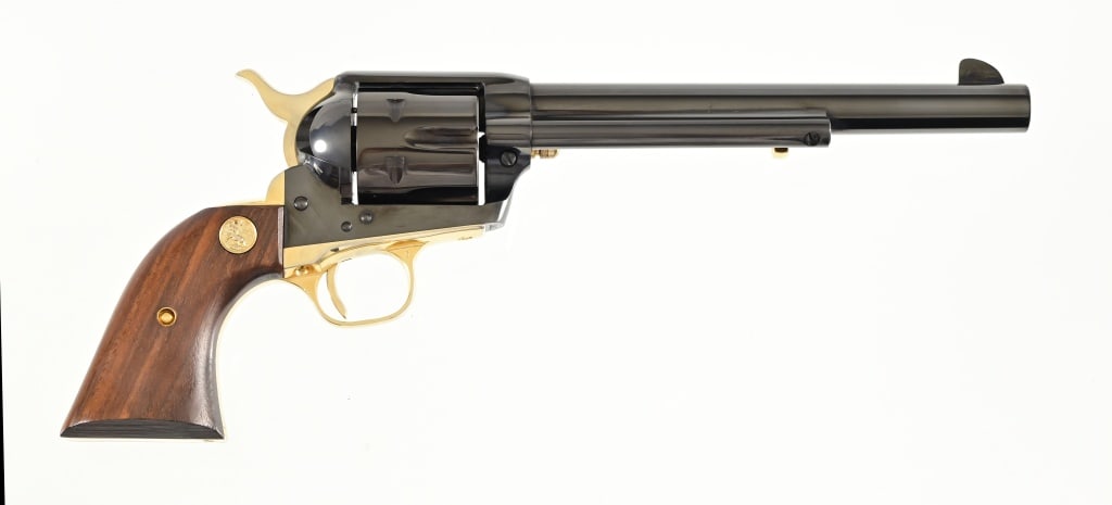 Colt SAA .45LC Revolver 125th Anniversary In Case: 7 1/2" barrel, in custom wooden Colt presentation case (15 3/4" x 7 3/4" x 2 1/2"). Modern.