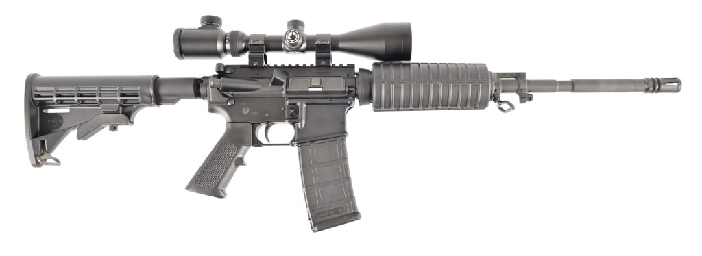 Bushmaster XM15-E2S .223-5.56 AR: With Barasaka Huntmaster Pro 3-12x50 IR scope. 18" barrel, modern.