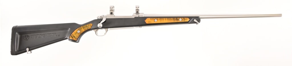 Ruger M77 - Mark II Bolt Action Rifle .338 Win Mag: 24" Barrel, w/ Scope Rings. Stainless in synthetic stock. Modern.