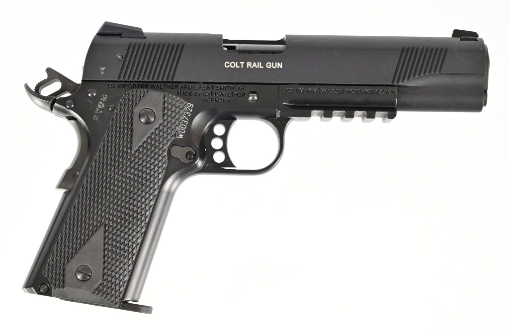 Colt 1911 Government Railgun .22 Pistol: 5" barrel, imported by Walther Arms, Fort Smith, Arkansas, 3 extra magazines, in original Colt case. Modern.