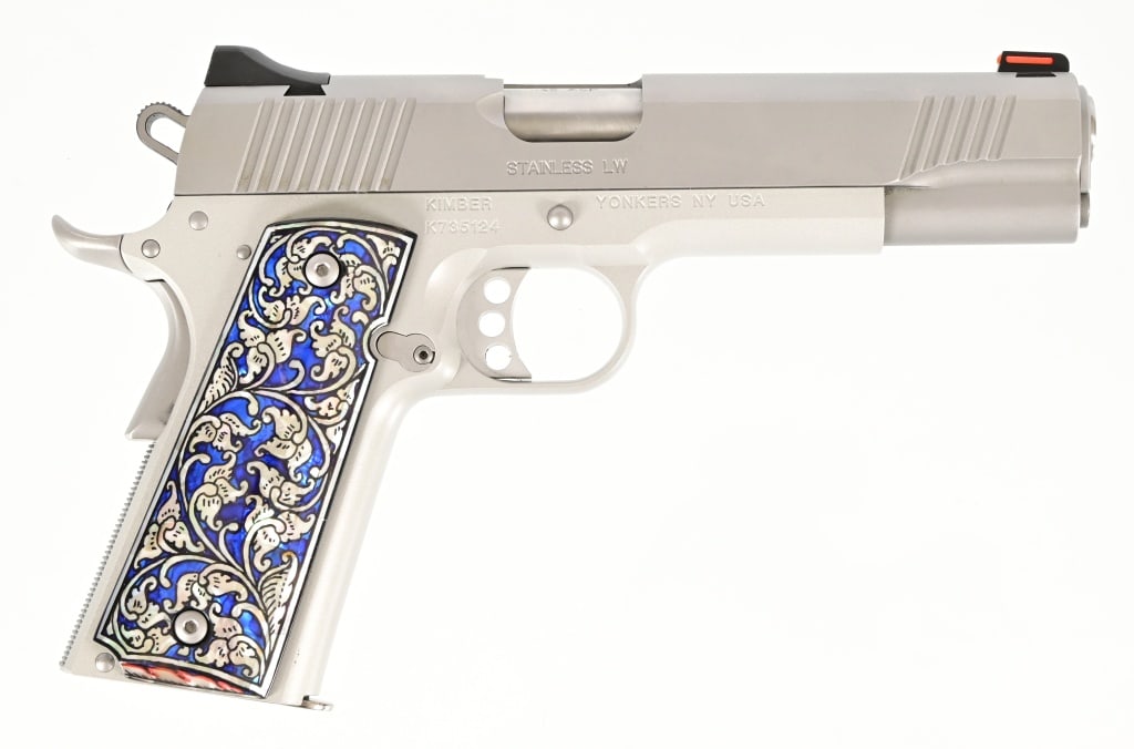 Kimber 1911 Stainless LW Pistol .45 ACP: 5" barrel, extra set of grips, one extra magazine, in original factory case. Modern.