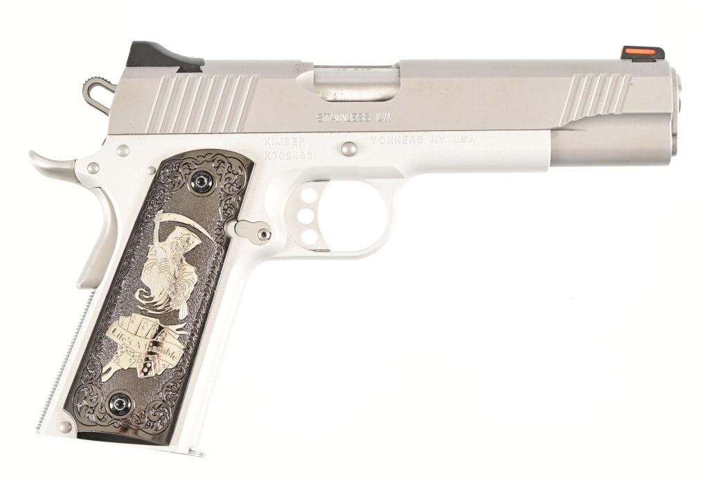 Kimber Stainless LW .45Auto Pistol: 5" barrel. Three pair grips. In original factory case. Modern.