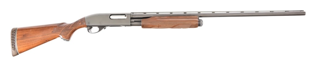 Remington Model 870 Wingmaster 20 Gauge Shotgun: Pump action shotgun, chambered for 2 3/4" shells, full choke. 28" barrel. Modern.