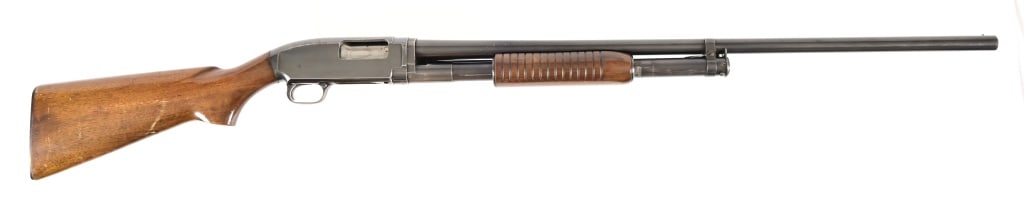 Winchester Model 12 - 12 Gauge Shotgun: Pump action shotgun, chambered for 2 3/4" shells, full choke. 30" barrel. Modern.