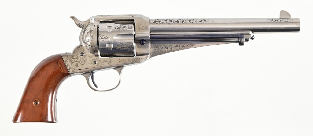 Uberti SA Model 1875 Army .45 Colt Revolver: S/N J63875. Engraved Imported by EMF S. A. CAL.7 1/2" barrel. In original factory box. Modern.