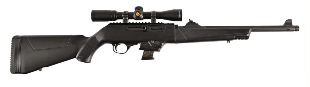 Ruger PC Carbine .9mm Nikon Scope: S/N 912-03615. Take down, semi auto rifle. Nikon Prostaff 4X32 scope, 2 extra magazines.16" barrel. Modern.