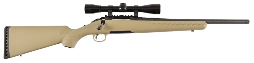 Ruger American Rifle 5.56 Leupold Scope: S/N 697-26772. Leupold M8 6X scope. Poly stock, 1 extra magazine, threaded barrel. 17" barrel. Modern.