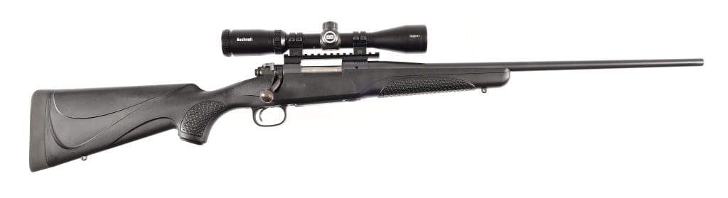 Winchester Model 70 Rifle .223 WSSM With Scope: S/N: G2552445. Bolt action rifle with Bushnell 3x9 Trophy scope. 22" barrel. Modern.
