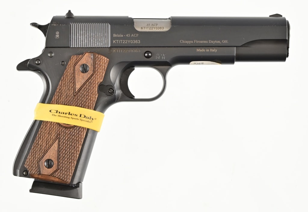 Charles Daly 1911 Field Pistol .45 ACP: S/N KTIT22Y0363. In original factory box. 5" barrel. Made in Italy, imported by Chiappa Firearms, Dayton, OH. Modern.