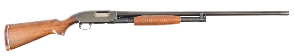 Winchester Model 12 - 12 GA. Shotgun: 30" barrel. Magnum model will take 3" shells. Made 1959. Mossberg X-full choke tube added at some point. Modern.