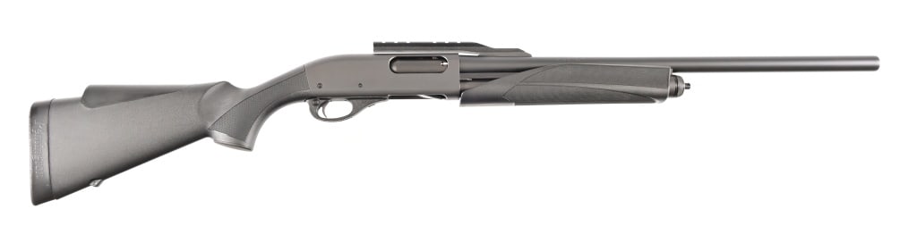 Remington 870 12 Gauge Slug Gun: 23" fully rifled barrel, pump action shotgun, chambered for 2 3/4" or 3" shells. Modern.