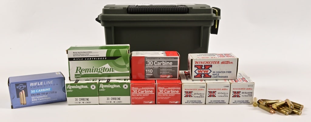 550+ Assorted 30 Carbine Ammo: Brands include Winchester, PPU Rifle Line, Remington, Aguile.