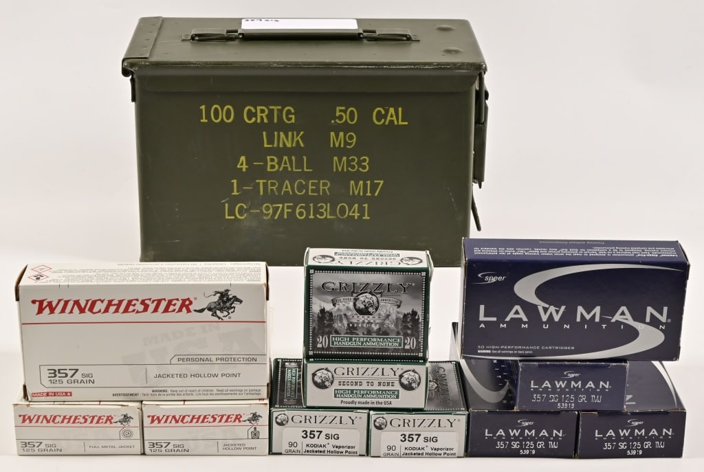400+ Rounds Assorted .357 Sig Ammo: Brands include Winchester, Speer Lawman, and Grizzly.