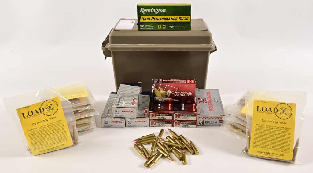 550+ Rounds Assorted .222 Ammo: Brands include Load X (factory bag), Remington, Federal, Winchester, Hornady.