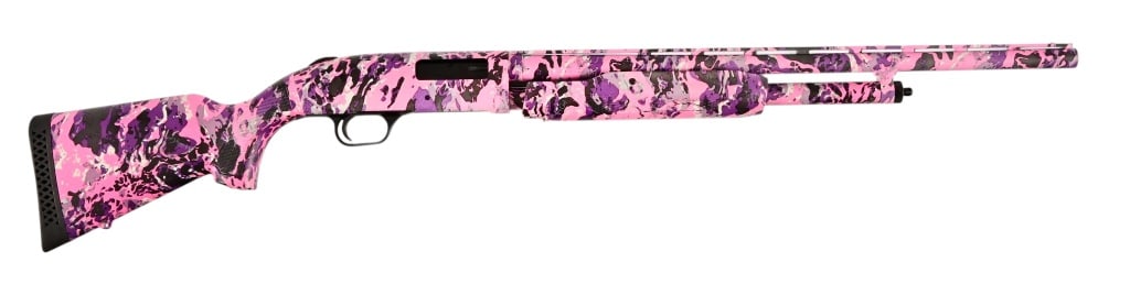 Mossberg Model 500 20 Gauge Shotgun Pink Camo: 22" barrel, pump action shotgun, pink camo pattern, chambered for 2 3/4" and 3" shells,