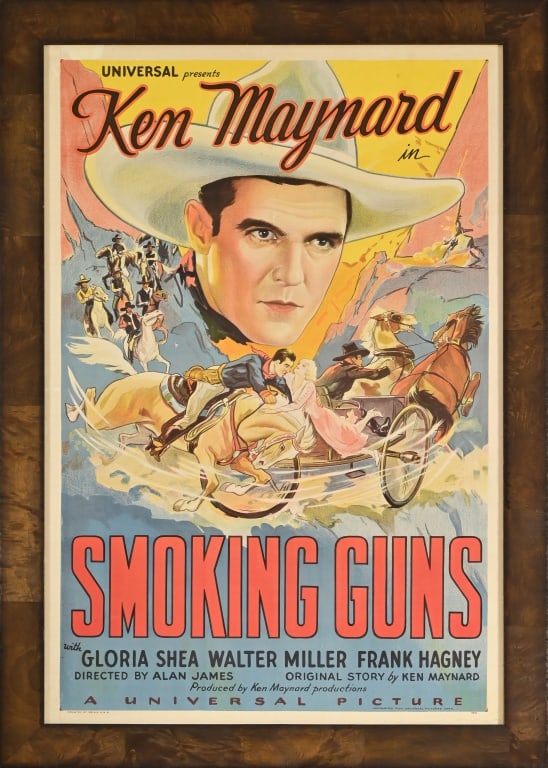Smoking Guns Ken Maynard Western Film Poster: Framed 33" x 46". Poster 27" x 40"