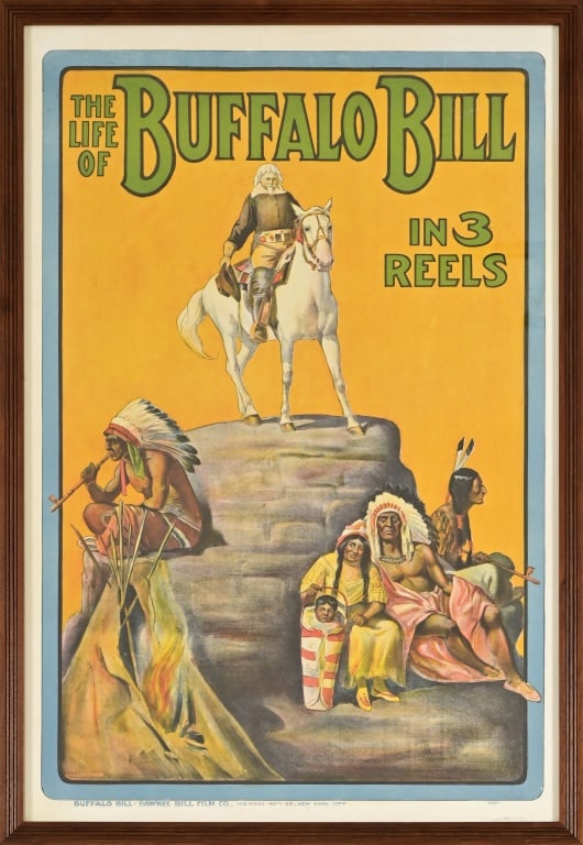 The Life of Buffalo Bill in 3 Reels Poster No. 493: The Life of Buffalo Bill in 3 Reels Poster No. 4937. Depicting Custer a top a butte looking down at a Native American family. Buffalo Bill-Pawnee Bill film. Excellent condition. Framed under glass. 30