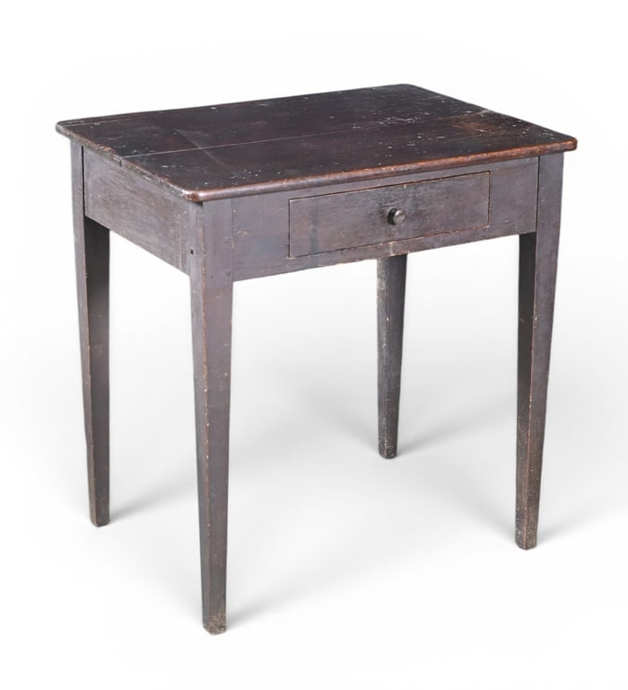 New Braunfels Texas Orr Side Table: Two Board Top One Drawer. Drawer has turned knob attached by peg, dovetail construction, slightly tapered legs. Table measures 26 1/4" long x 19 3/4" deep x 27" tall. Height to apron is 21 1/2" tall. 