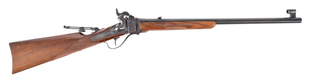 IAB Marcheno .45-70 Rifle: Italian made Sharp's rifle, made by IAB Marcheno. SN 25123. 22" barrel, single shot, long distance sights. Modern.
