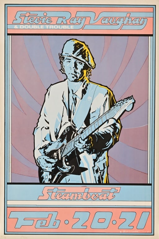 Stevie Ray Vaughan & Double Trouble Concert Poster: 1981 Danny Garrett Poster for a performance at Steamboat, Austin, TX. Feb. 20 & 21, 1981. 12x18