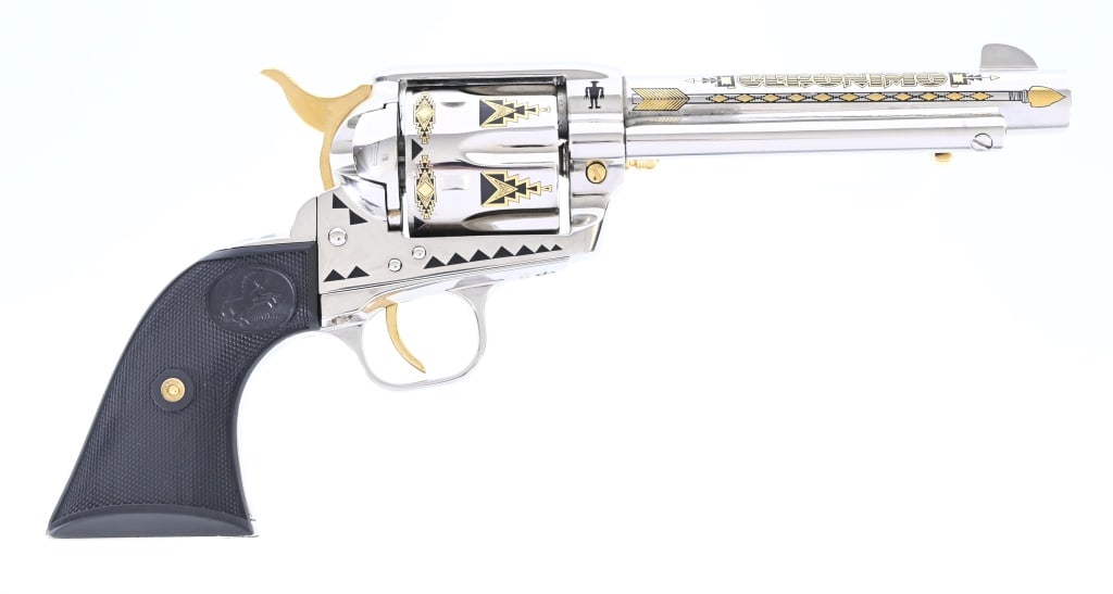 Colt Cowboy Geronimo Tribute Revolver .45 Colt: America Remembers 1 of 100, S/N TF07016. 5 1/2" barrel. Engraved. In glass top display case 14 x 8 12 x 3 1/2. SN TF07016. Modern