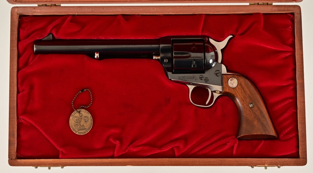 Colt 1873 SAA Revolver 125th Anniversary .45LC: 7 1/2" barrel, in wooden Colt presentation box, wood grips, SN: 2674AM. Modern.