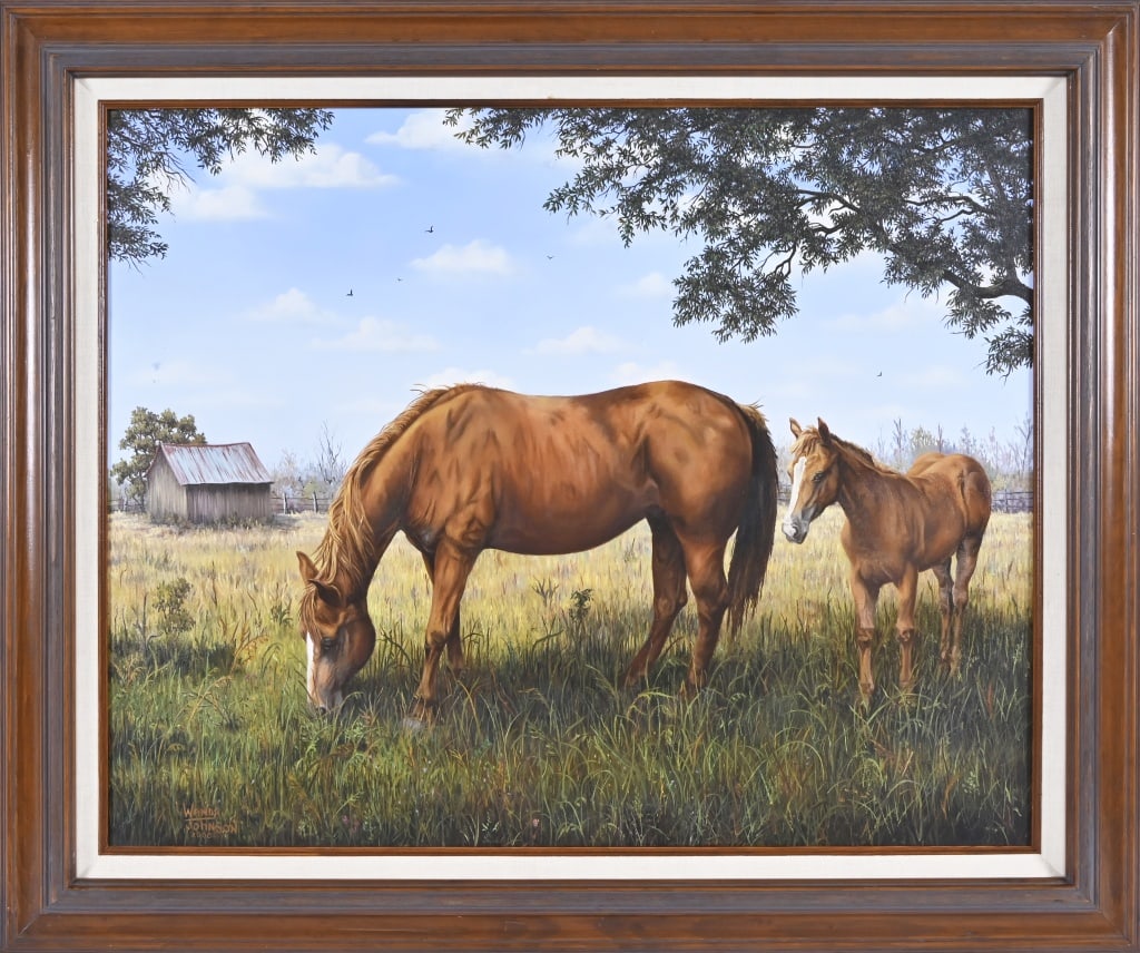 Wanda Johnson Horse Pasture Original Oil Painting: Original oil on canvas, framed. Depicting mare and colt standing in pen with barn behind them. Slight paint loss upper LH side of canvas near frame (approximately 1/4"). Signed lower LH corner, dated 