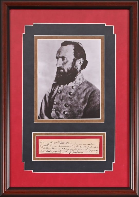 General Stonewall Jackson Document Signature Cut: Signature cut measures 2" x 7.5", framed with photo copy of General Jackson. Frame measures 17" x 24"