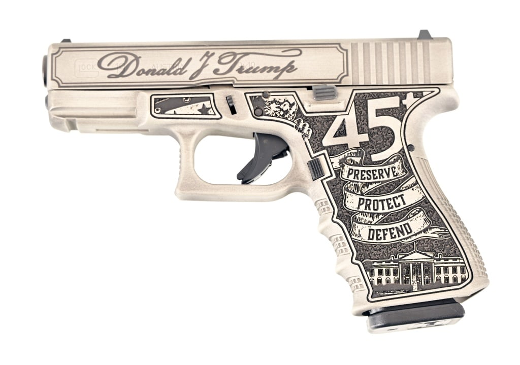 TRUMP 45 Custom Glock 19 9MM Pistol: S/N BYUD937. In original factory case. 4" barrel. 2 Magazines. Modern.
