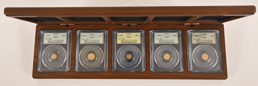 California Pioneer Fractional Gold Indian Coins: California Pioneer Gold 1859 - 1882 Indian Type coins, Bading Collection Cabinet III 1868 .25 Cent Indian head gold coin MS64. 1873 $1 Indian head gold coin AU55 1875 .25 Cent Indian head gold coin