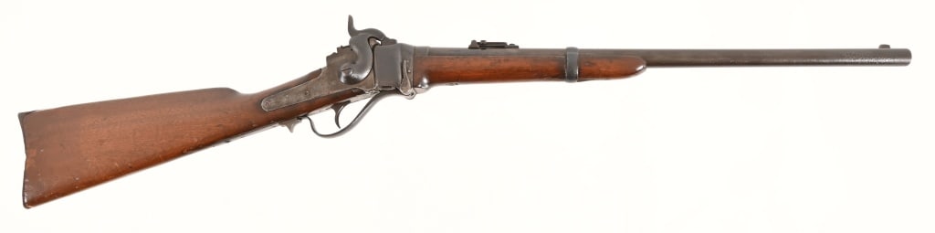 Sharps Model 1863 .52-70 SRC Cartridge Conversion: Metallic conversion of the 1863 model. 22" barrel, falling block breech load, wood stock, mechanism functions. Good patina. Antique. US Cavalry converted many original 1863 .52-70 paper cartridge
