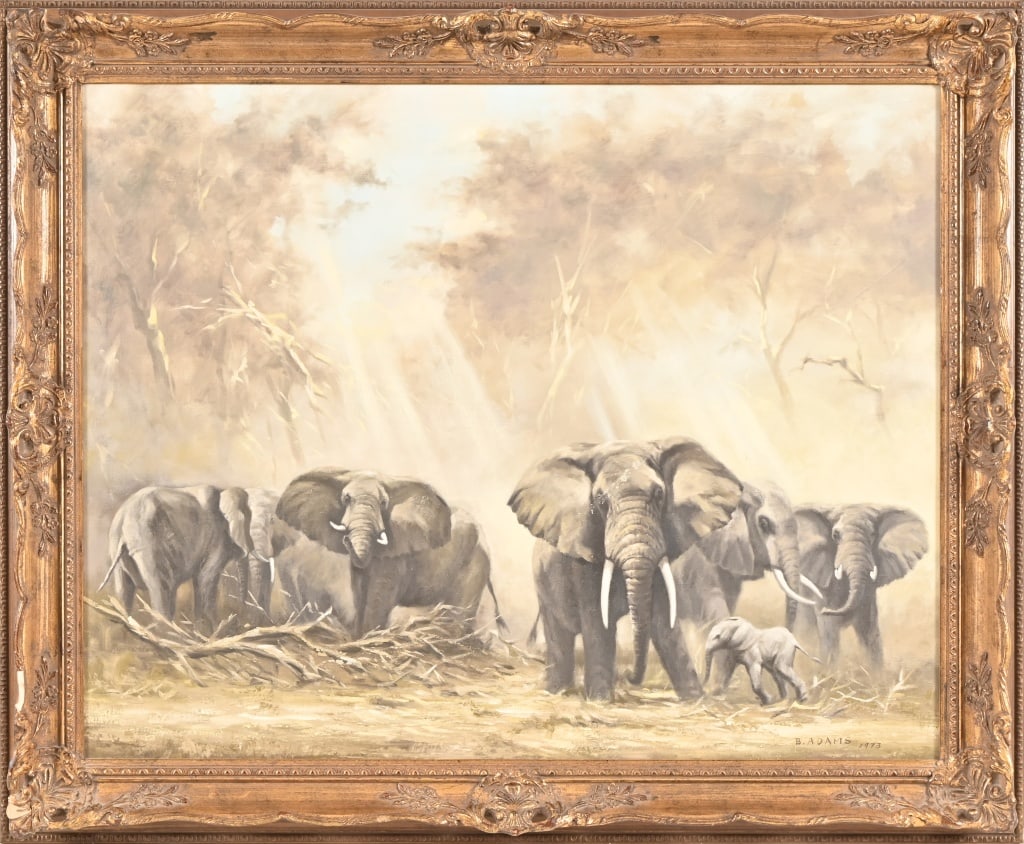"Elephant Family" Original Oil Painting B. Adams: "Elephant Family" 29" x 23". Frame is 35" x 29"..