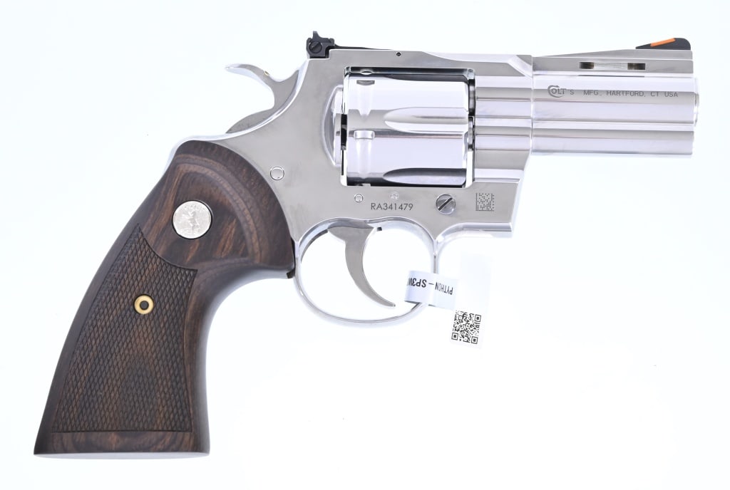 Colt Python .357 Magnum Revolver 3": 3" barrel, unfired condition, stainless steel finish, wood grips. SN RA341479. In original factory case. New Model Python. Modern.