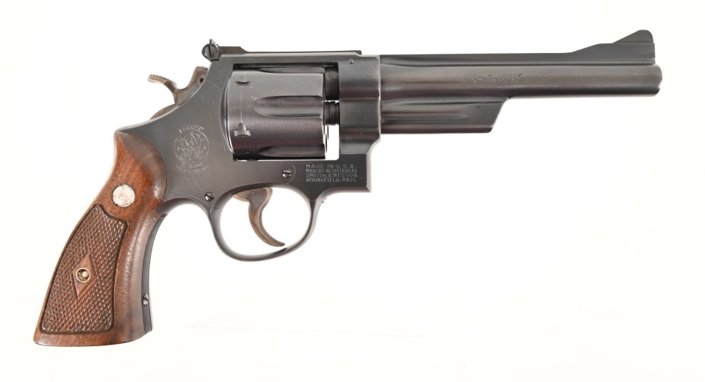 S&W Model 28 .357 Magnum Highway Patrolman Revolve: 6" barrel, blued finish, wood checkered grips. In original factory box. S/N S204732. Modern.