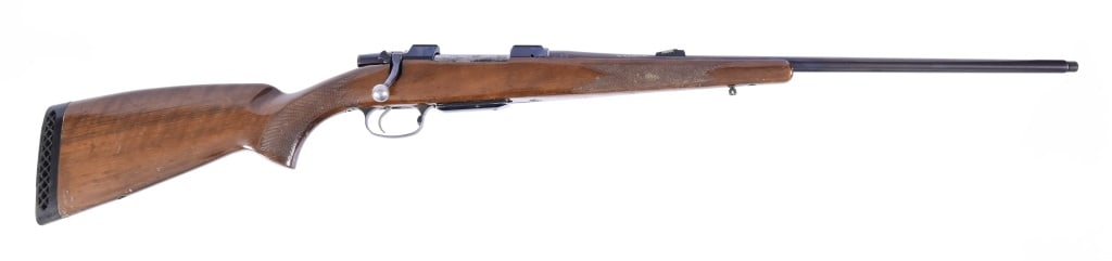CZ Model 550 .22-250 Rem Bolt Action Rifle: 24" threaded barrel. S/N D1968. Missing rear sight blade. Condition shows handling marks and scuffs. Modern.