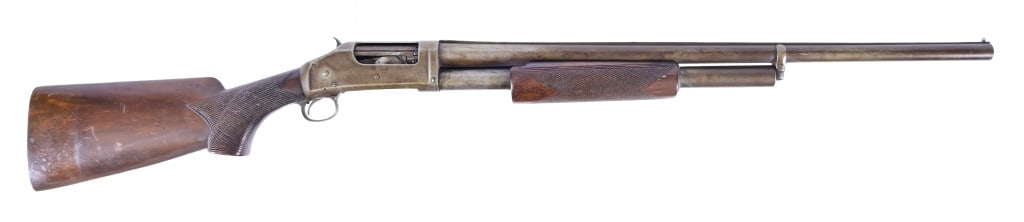 Winchester Model 1897 12 GA Pump Shotgun: SN 390444. Replacement custom Barrel Rib & Stocks, missing butt plate, 25.5" Barrel, fair condition. Made in 1907. Modern