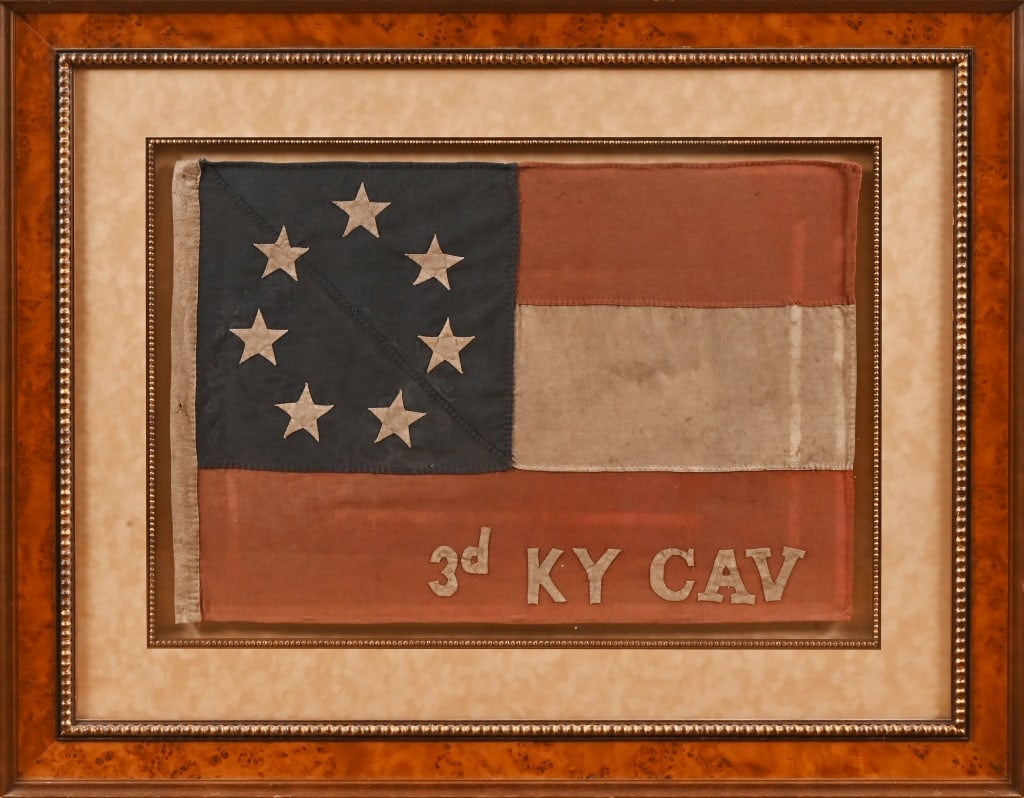 Confederate 3rd Kentucky Cavalry Civil War Flag: Framed, behind glass. Flag measures 33" x 22 1/2". Frame measures 49" x 38". Well made modern reproduction