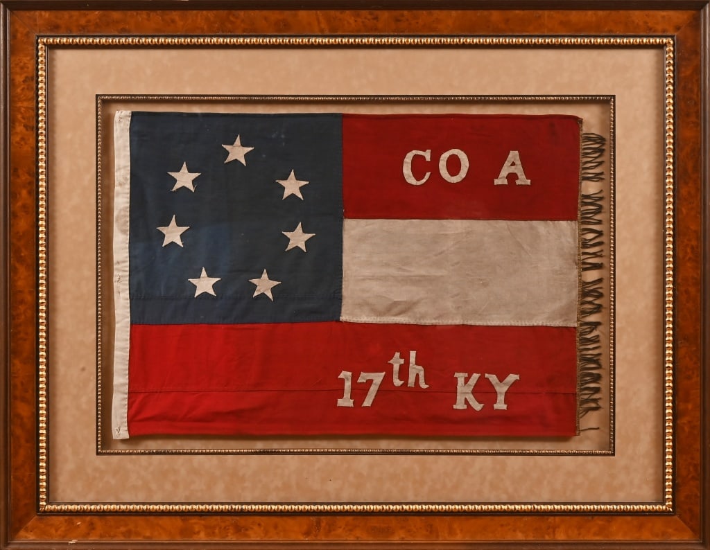 Confederate Company A 17th Kentucky Civil War Flag: Framed, behind glass. Flag measures 34" x 24". Frame measures 51 1/4" x 39 3/4". Well made modern reproduction