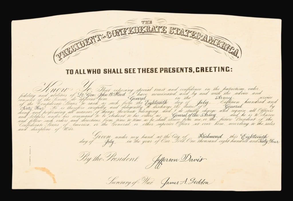 General John Bell Hood Promotion Jefferson Davis: Authentic 9.5" x 14".