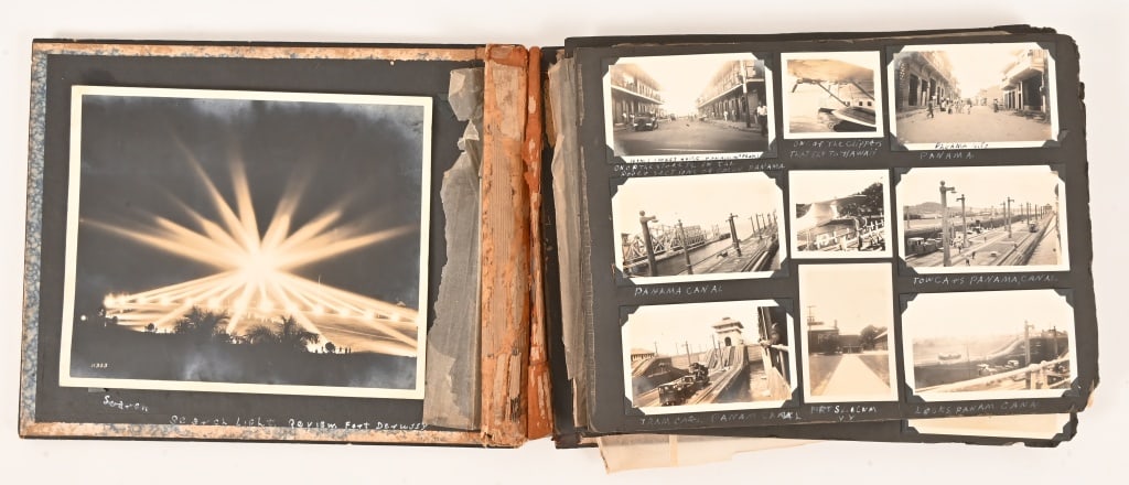 World War II Military Photo Album Circa 1938-1940s: Includes photos from military bases and camps from Hawaii to Panama. Album is in delicate condition. Measures 14" x 11" when closed. Many Pre-War military images.