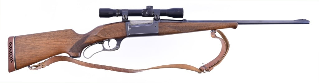 Savage Model 99-F .308 Lever Action Rifle: SN 912562. 22" barrel, bore is dark with rifling visible. Stock is nice. Bushnell Banner 4x scope and leather sling. Modern.