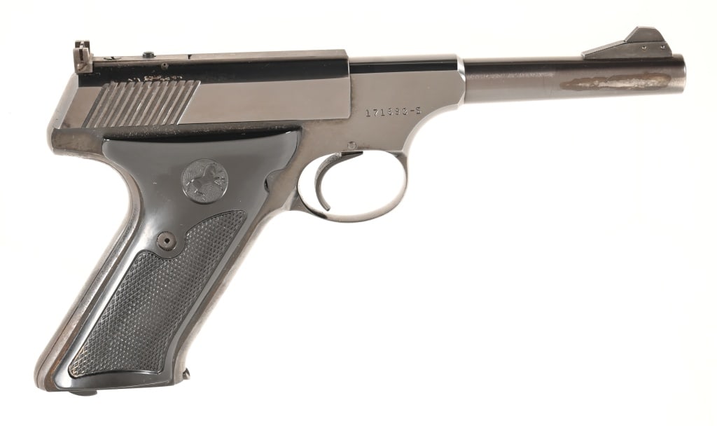 Colt Woodsman .22LR Pistol: SN 171693-S. 4.5" barrel, good bore. Overall nice condition with only minor finish loss. Plastic grips are solid. Comes with military belt and modified holster. Modern.