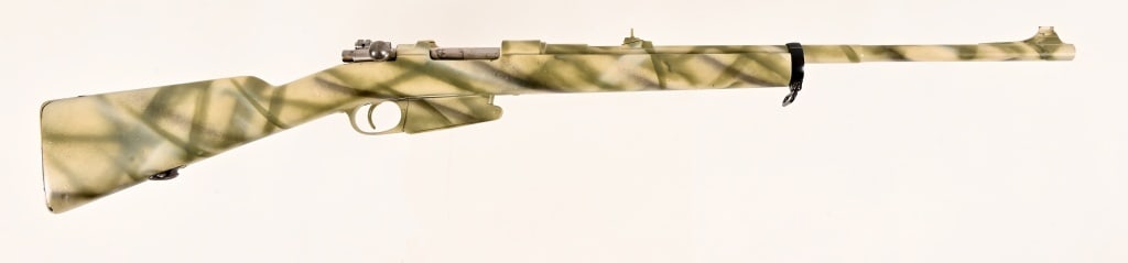 Mauser Argetino Model 1891 7.65 Rifle: 22" barrel, bolt action rifle, wood stock has been spray painted in a camo pattern. SN: A3478. Modern.