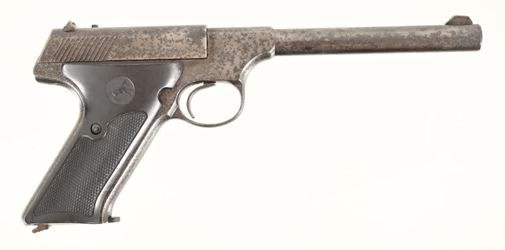 Colt Huntsman .22 Pistol: 6" barrel, semi auto pistol, functional mechanism, pitted throughout. SN: 150014C. Modern.